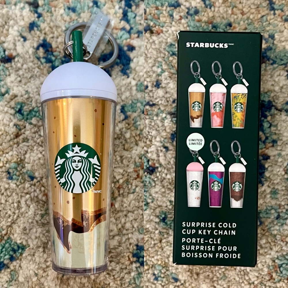 Starbucks MINI Mystery Gold Tumbler Keychain Gold Brown Cream Metallic w/ Straw